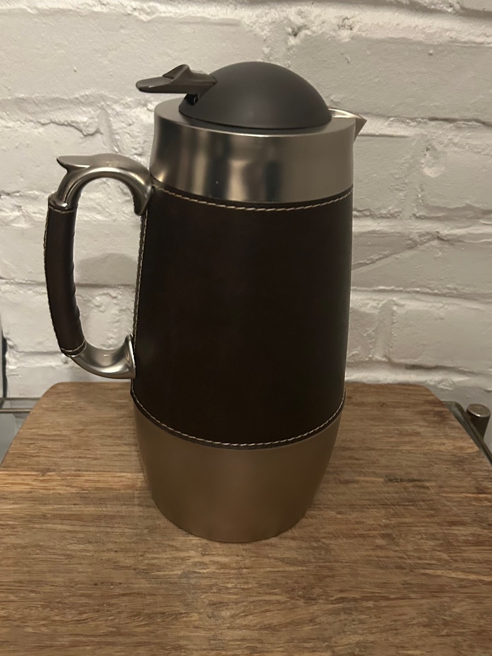 Insulated Tradear Brown Leather-Trim Coffee Carafe with Metallic Accents